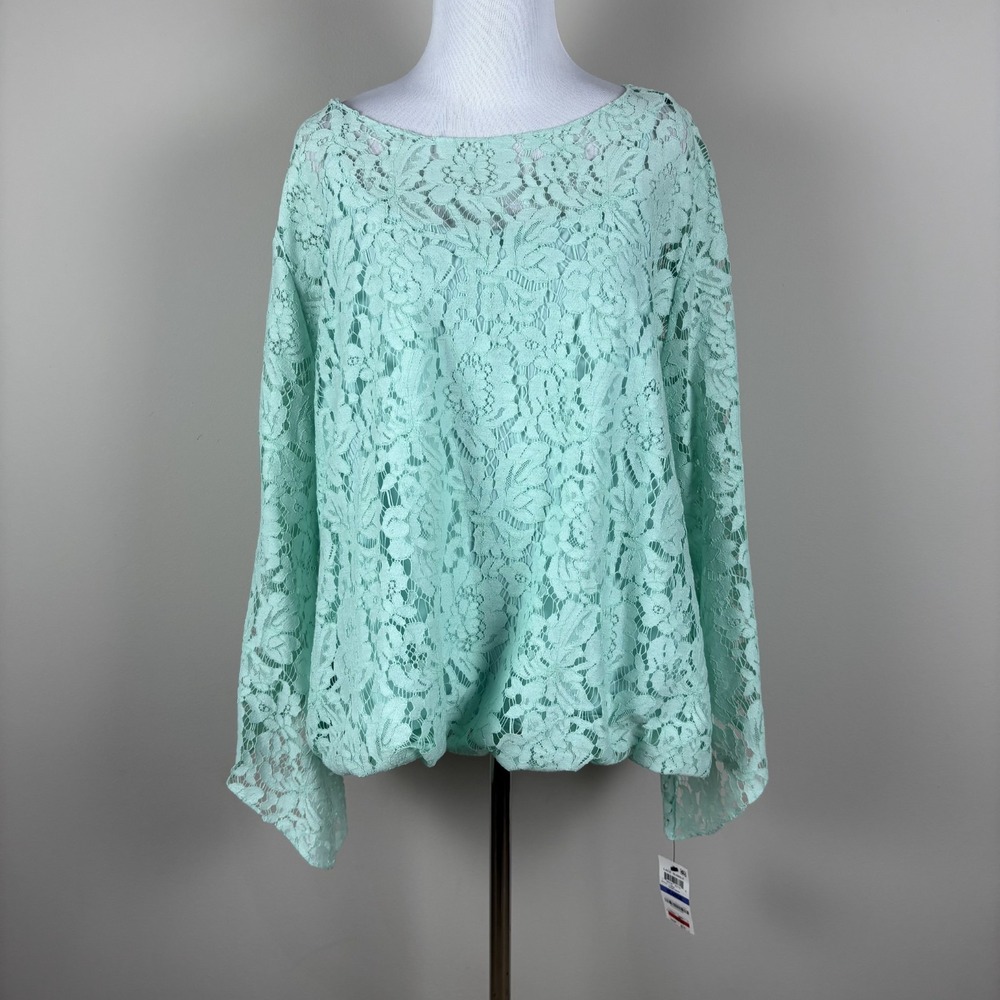 Alfani Blouse Top Womens XL Mint Green Bubble‎ Hem Floral Lace Bell Sleeve Plus
